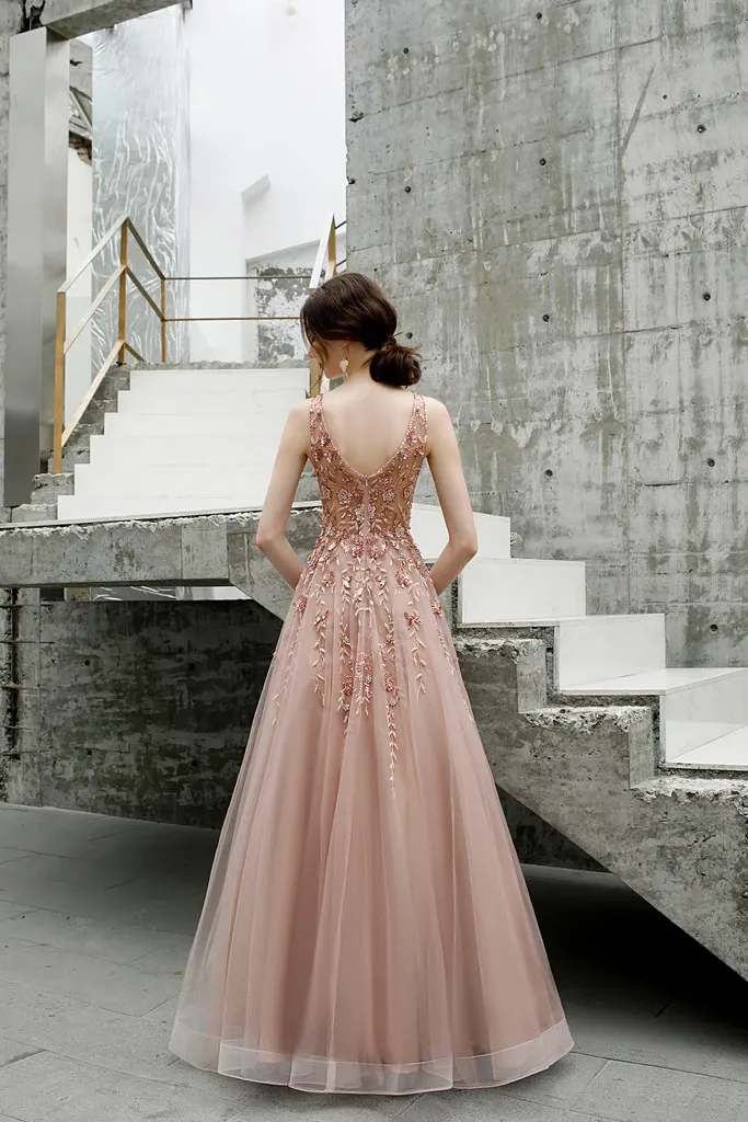 Promfast A Line V Neck Beaded Long Tulle Zipper Back Prom Dresses PFP1812