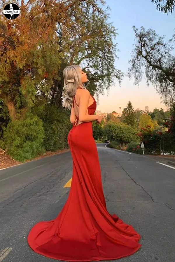 Promfast Long Red Mermaid Criss Cross Prom Dresses, Cheap Evening Dresses PFP1955