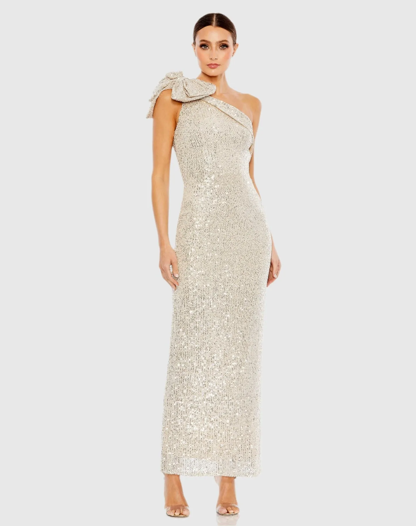 Sequin bow one shoulder column gown - Nude