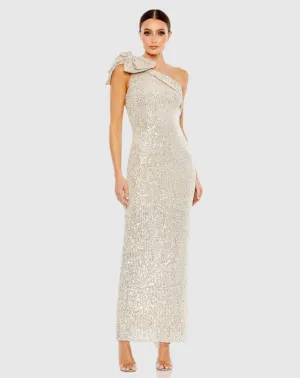 Sequin bow one shoulder column gown - Nude