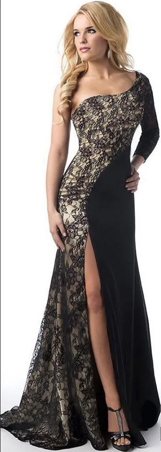Sexy Lace Splicing One Shoulder Long Party Dress