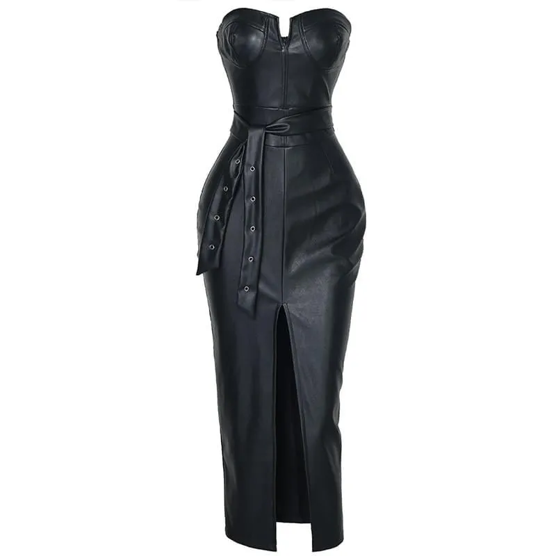 Solid Tube Slit Leather Dress