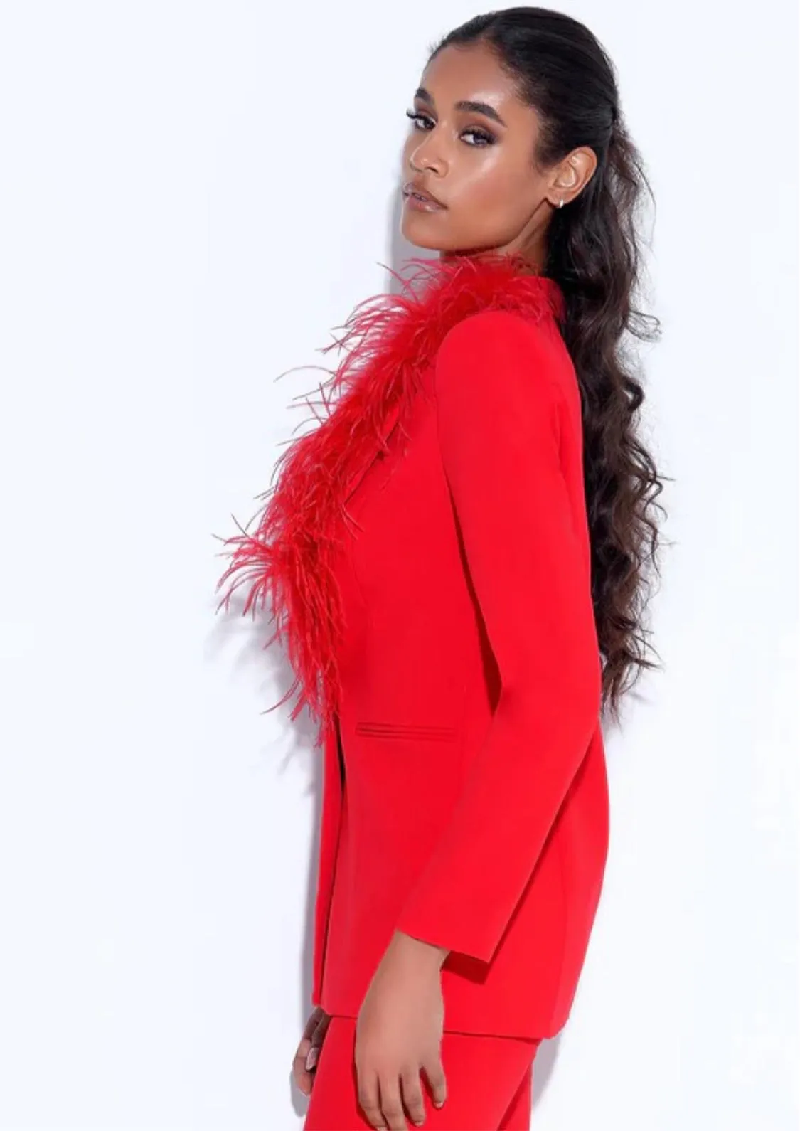 SUIT BLAZER WITH FEATHER TRIM
