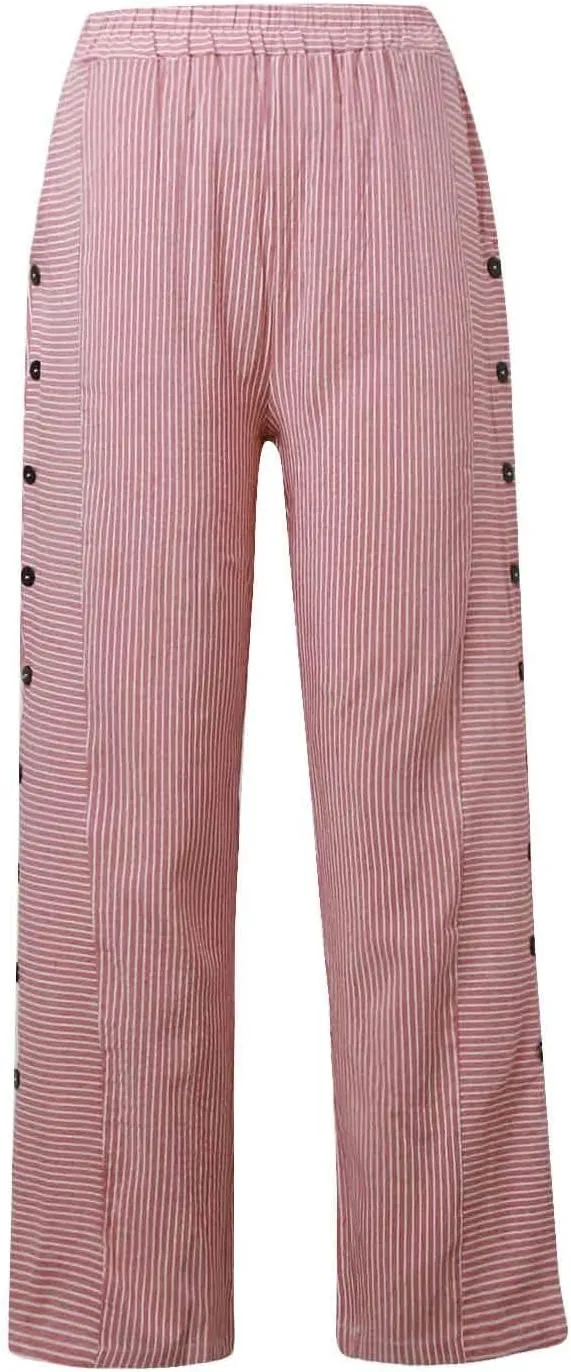 Summer Casual Pants for Women Loose Button Elastic High Waisted Beach Pants Straight Leg Drawstring Lightweight Trousers