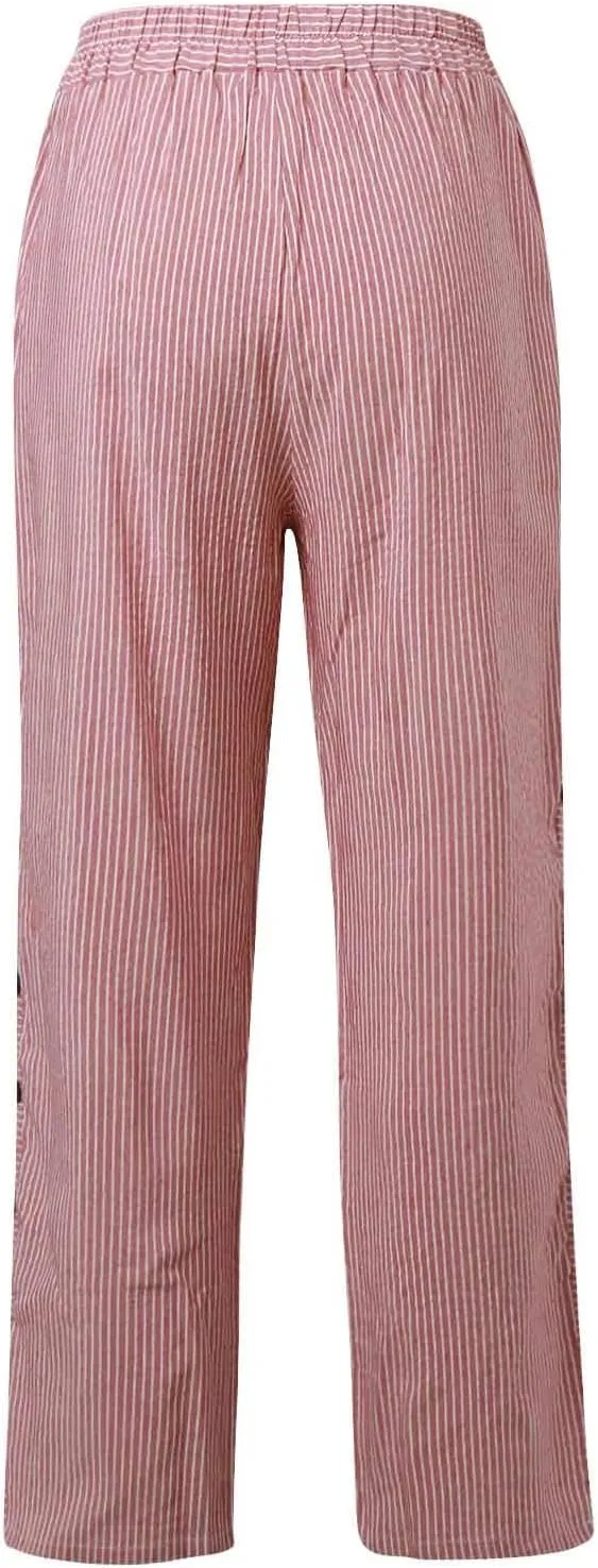 Summer Casual Pants for Women Loose Button Elastic High Waisted Beach Pants Straight Leg Drawstring Lightweight Trousers