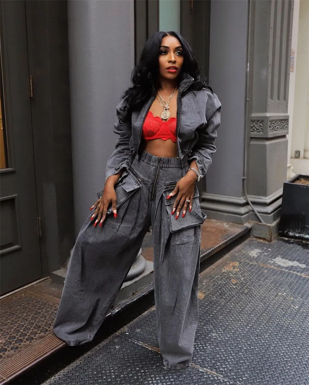 The Ultimate Denim Cargo Pants Ruched Set