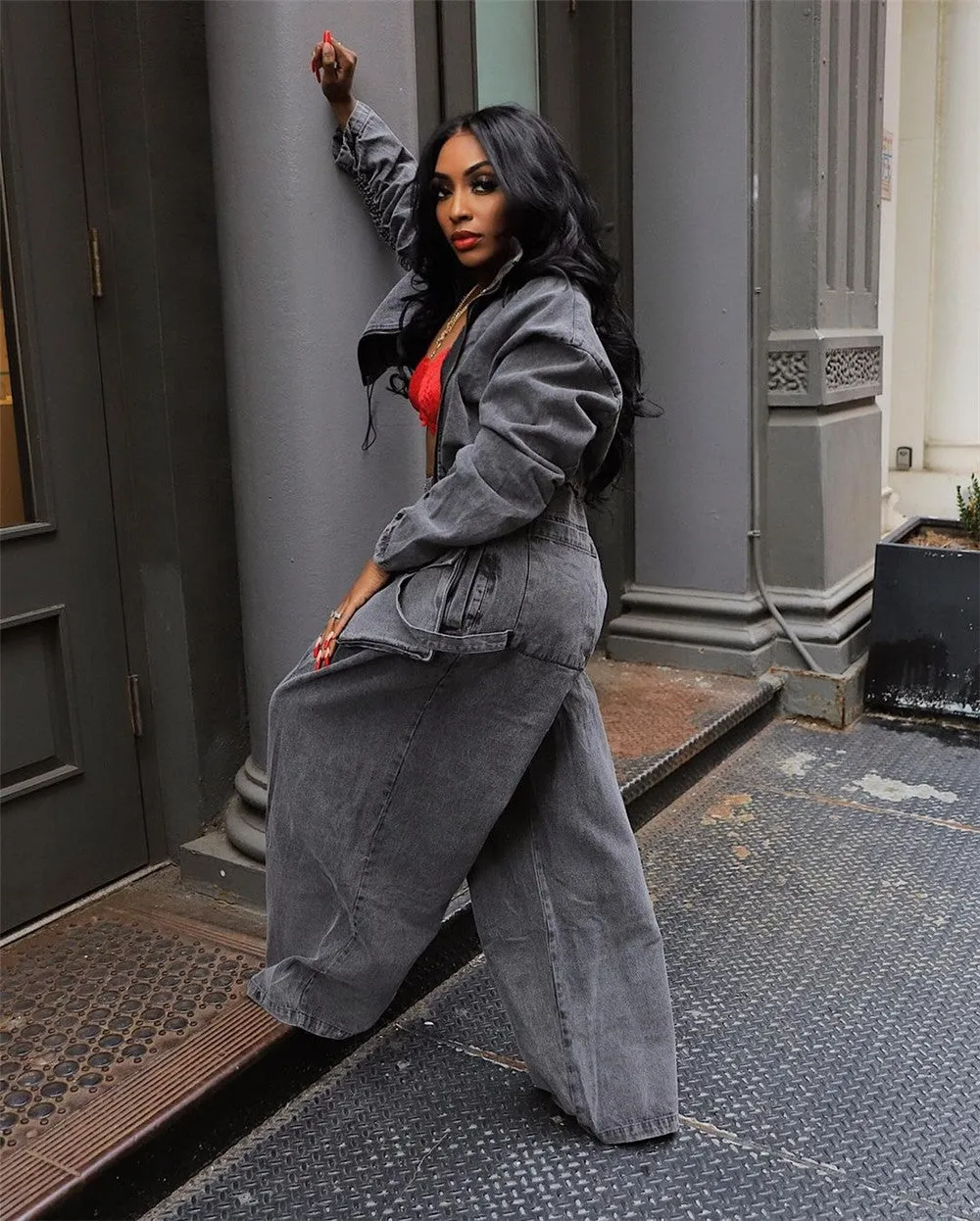 The Ultimate Denim Cargo Pants Ruched Set
