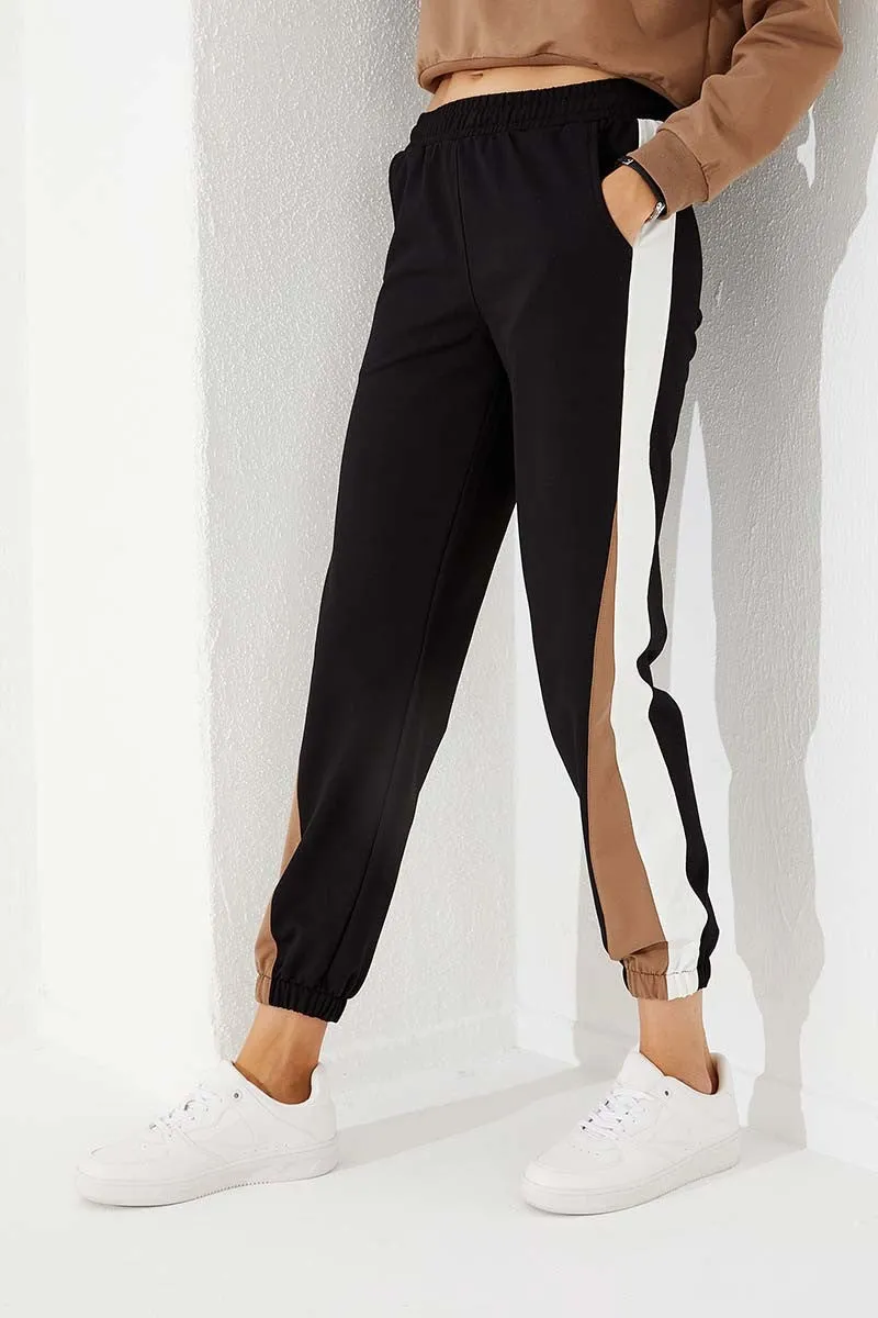 TMY Black Two Color Striped Comfortable Fit Elastic Cuff Women's Sweatpants - 94582 - Lleida