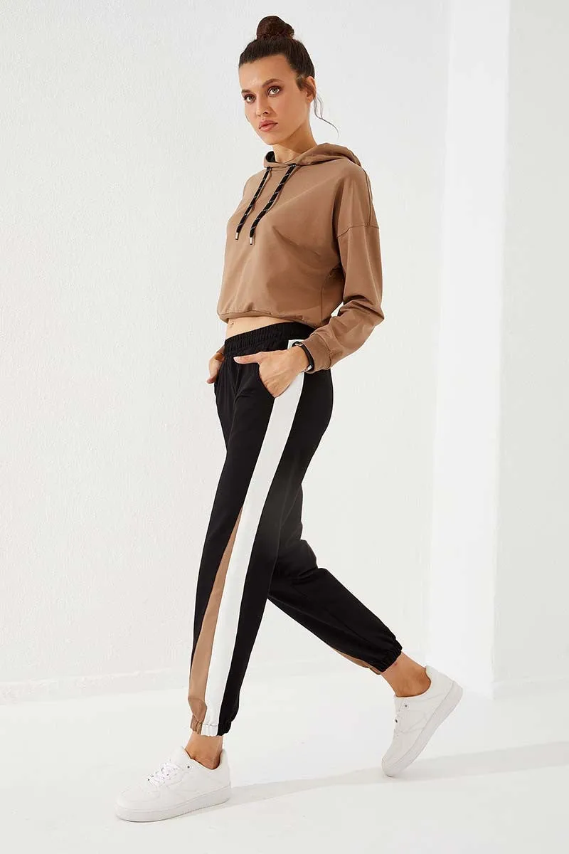 TMY Black Two Color Striped Comfortable Fit Elastic Cuff Women's Sweatpants - 94582 - Lleida