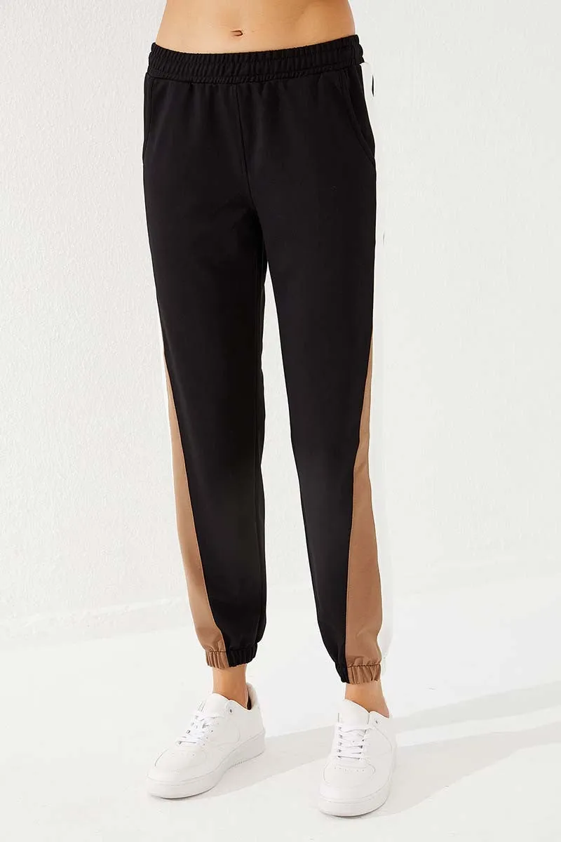TMY Black Two Color Striped Comfortable Fit Elastic Cuff Women's Sweatpants - 94582 - Lleida