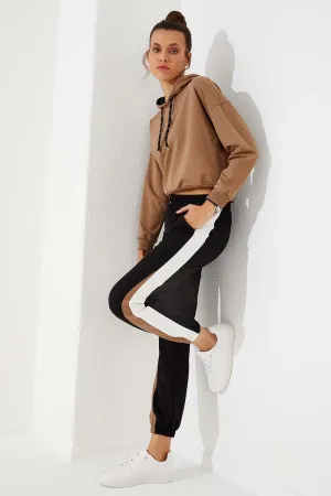 TMY Black Two Color Striped Comfortable Fit Elastic Cuff Women's Sweatpants - 94582 - Lleida