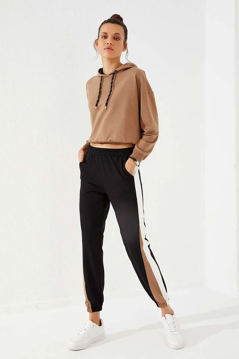 TMY Black Two Color Striped Comfortable Fit Elastic Cuff Women's Sweatpants - 94582 - Lleida