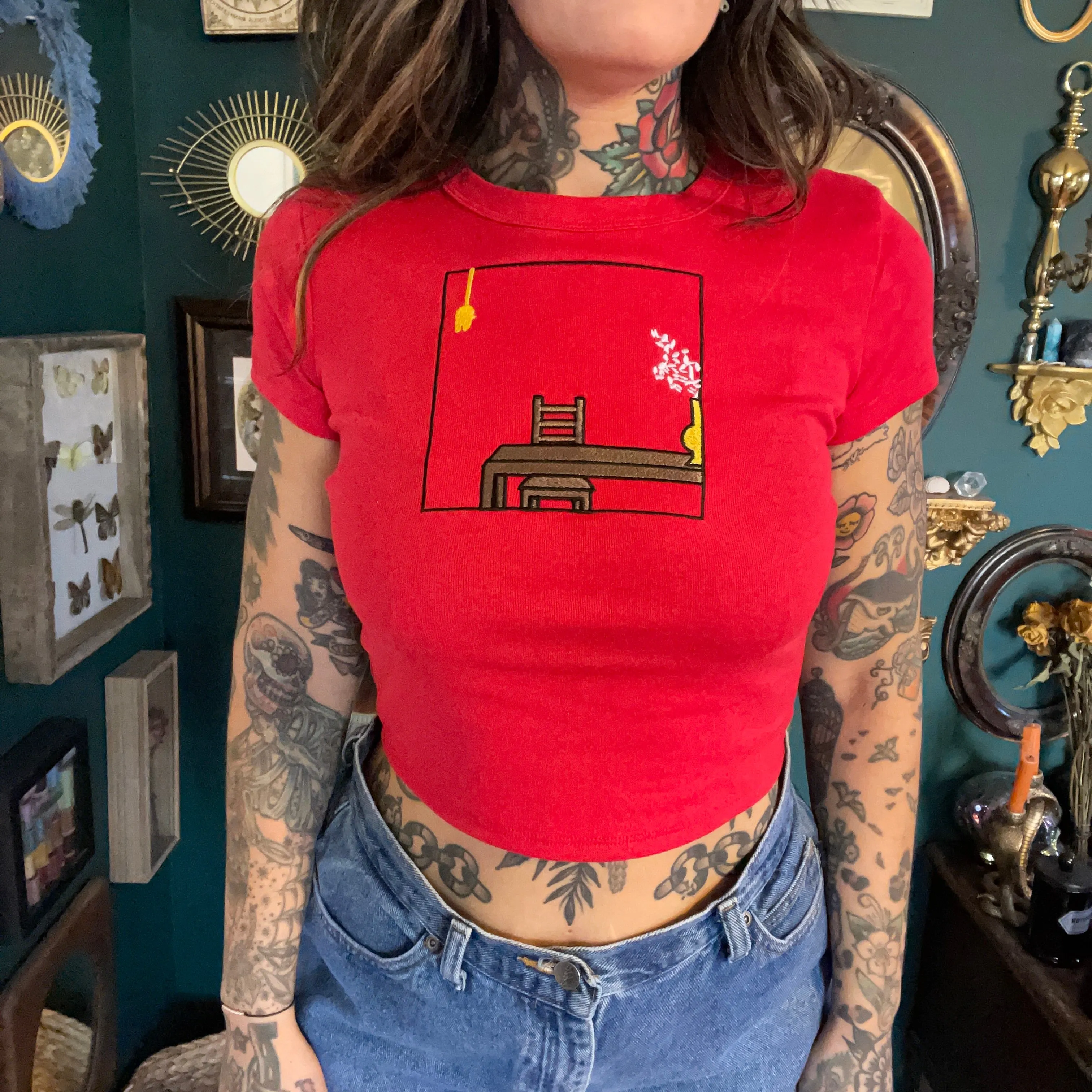 Watching Movies With The Sound Off Embroidered Babydoll Tee
