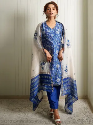 Women Chanderi Printed Vneck Regular Fit Suit Set Blue