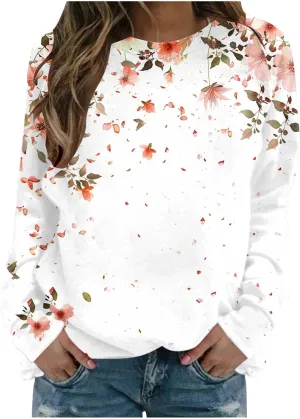Womens Floral Shirts Long Sleeve Crewneck Sweatshirt Comfy Casual Trendy Fall Outfits Loose Fit Tunic Cute Tops