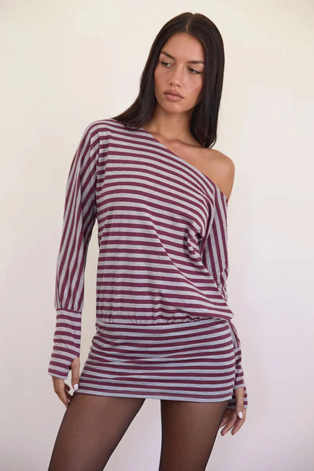 ZYLINA MINI DRESS - BURGUNDY AND GREY CLASSIC STRIPE