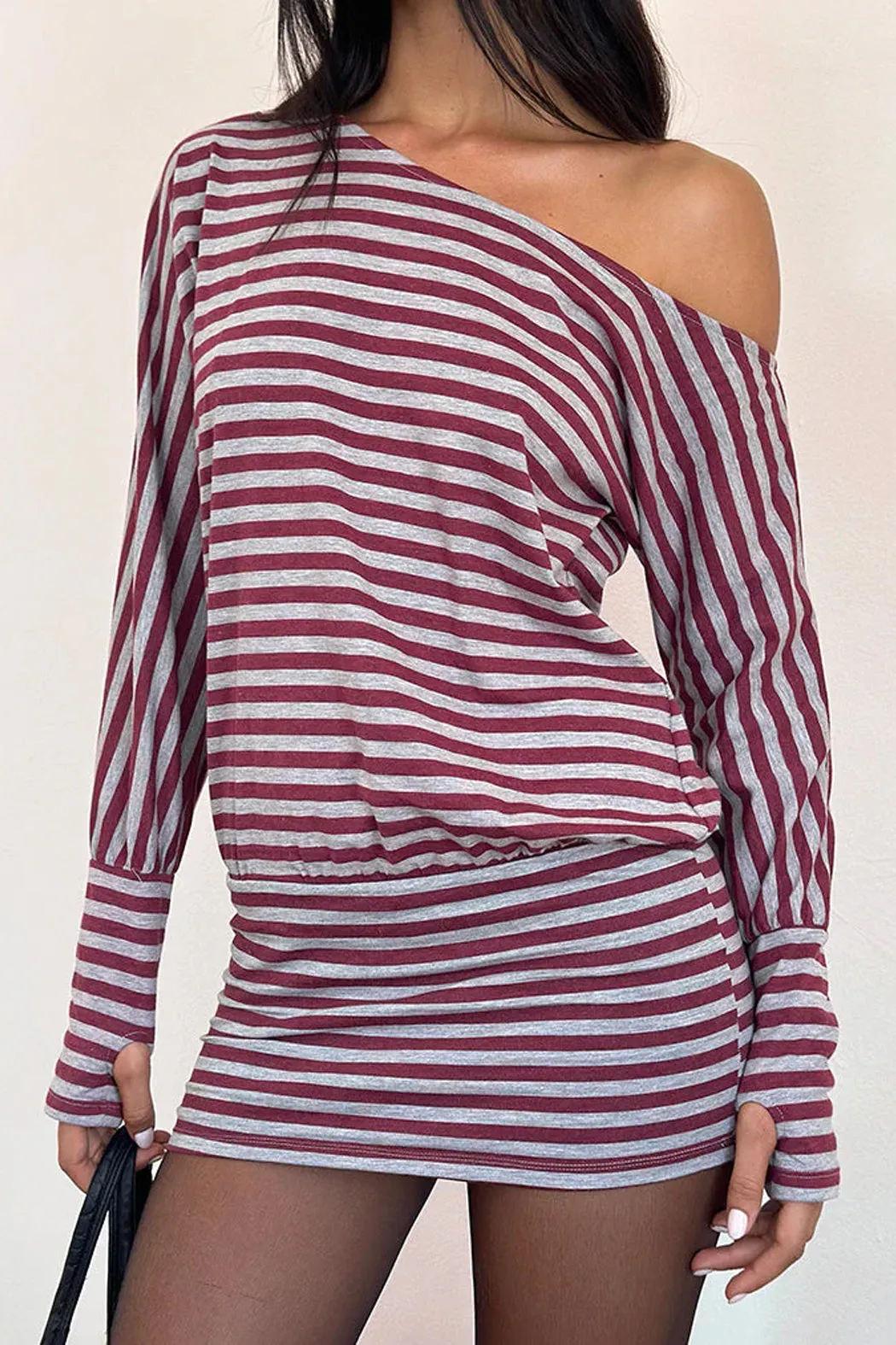 ZYLINA MINI DRESS - BURGUNDY AND GREY CLASSIC STRIPE